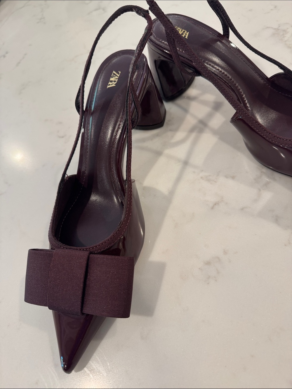 ZARA Burgundy Pointed Patent Slingback Heels with Bow - Picture 2 of 6